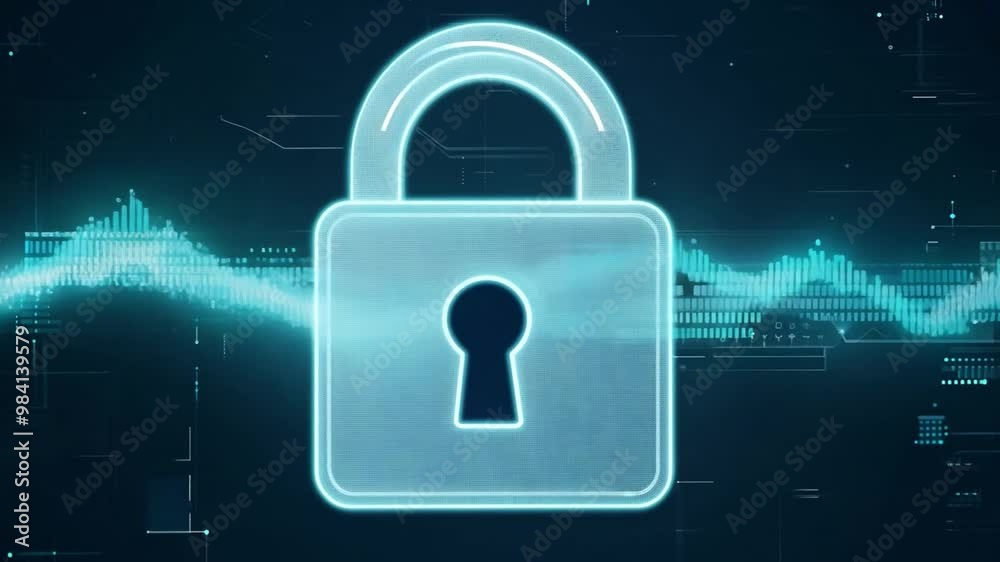 Poster this graphic illustrates a glowing digital lock against a dark background, symbolizing security and 