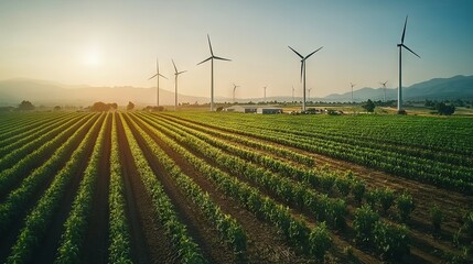 Sustainable farm with rows of crops, solar panels