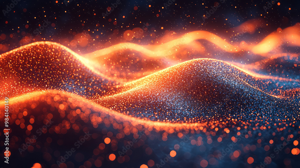 Poster an abstract background of glowing light waves and geometric shapes,