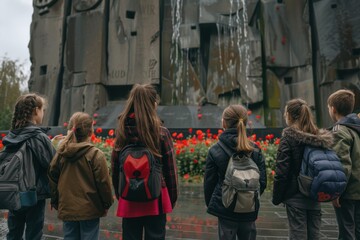 Fototapeta premium Schoolchildren Honoring War Memorial with Poppies on Armistice Day - Educational Activity