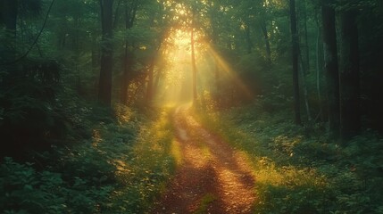 Obraz premium Dirt road through a forest with sunlight filtering through generated AI