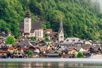 Hallstatt cityline against green hill