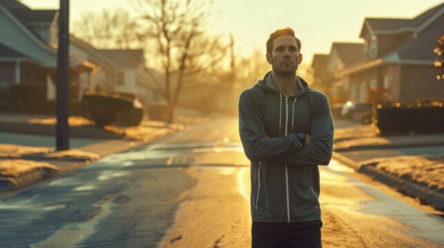 Early Morning Stretching Routine: Man Warming Up for Jogging in Quiet Suburban Street at Sunrise