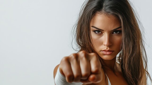 Woman in Muay Thai stance, fists raised, intense focus, pure white background, capturing the strength and grace of martial arts training
