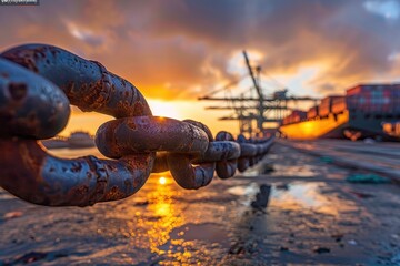 Naklejka premium A chain is hanging from a pier and the sun is setting