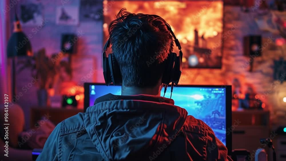 Poster the individual sits focused in front of a computer, wearing headphones and surrounded by colorful li