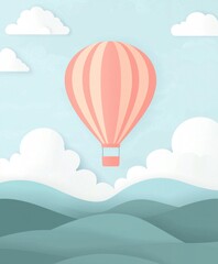 A minimalist of a vibrant hot air balloon floating amidst a serene mountain landscape under a