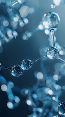 Molecules in close up shot create mesmerizing view of water droplets, showcasing their intricate structure and reflections in blue toned background