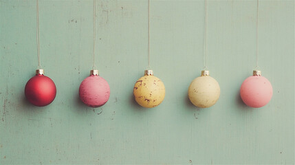Five colorful christmas ornaments hanging from a pastel green wall, evoking the festive holiday spirit