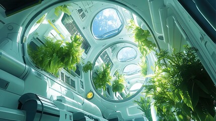 Interior of a Spaceship with a View of Earth and Plants