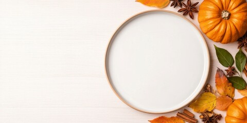 Thanksgiving Day or fall table settings. A wooden table with fallen leaves, pumpkins, spices, an empty dish, and antique silverware.