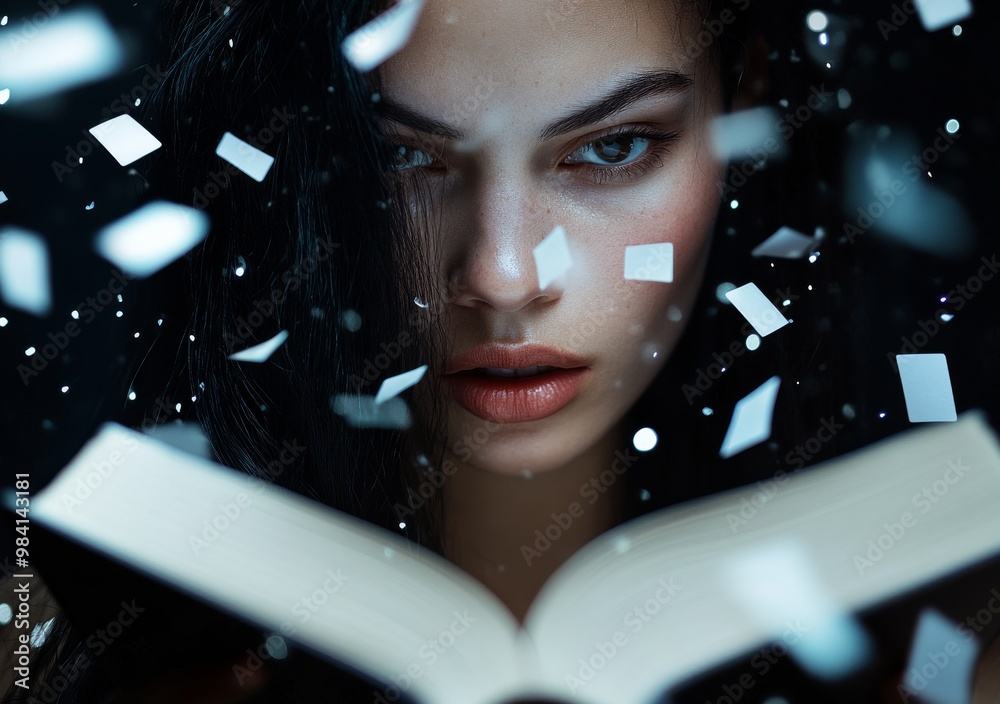 Wall mural Woman intensely staring at an open book surrounded by floating papers, illustrating deep concentration and the pursuit of knowledge or mystery.