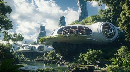 Futuristic Homes Perched on Tall, Green Pillars in a Lush Forest