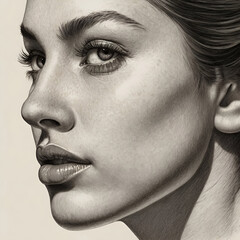 A detailed drawing of a woman's face showcasing long, elegant eyelashes and soft facial features 