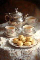A classic tea service with a silver teapot, delicate teacups, and a plate of freshly baked scones.