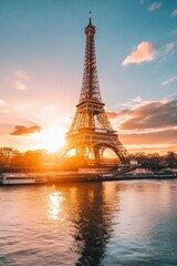 A breathtaking cityscape showcasing an iconic landmark, such as the Eiffel Tower