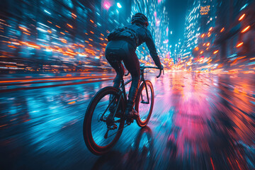 A lone cyclist pedaling down a futuristic city street, the buildings glowing with dynamic blue and pink lights,