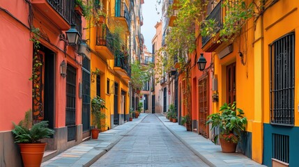 Narrow alleyway with colorful buildings and hanging plants generated AI