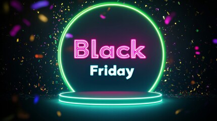 Neon Black Friday Sale sign in dark lights with a glowing platform. Podium stand for promotions