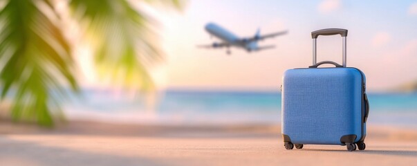 Travel vacation background with a luggage banner on the beach and a flying plane in the background.