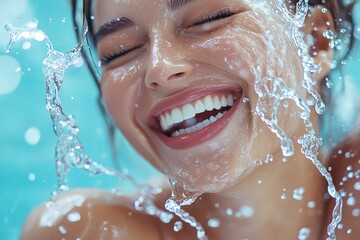 A vibrant image of a woman laughing joyfully as water splashes around her face