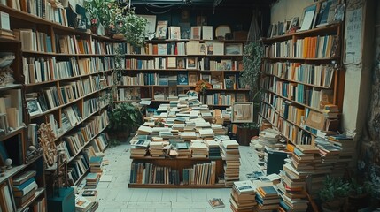 Old bookstore with shelves filled with vintage books generated AI