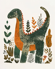 A colorful dinosaur illustration surrounded by various plants and foliage, showcasing playful and whimsical design. vibrant colors and unique textures create cheerful atmosphere
