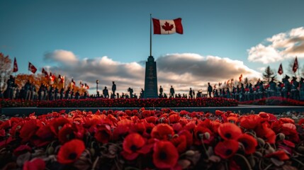 Remembrance Day Monument with Waving Canadian Flag and Poppy Wreaths at Sunset