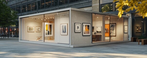 A pop-up art exhibition space with modular walls made from lightweight, easily transportable fiber cement panels, allowing for quick setup and teardown
