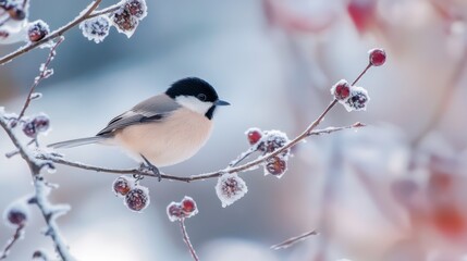 Black-capped bird on a branch in winter.