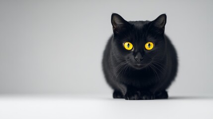 Black cat with glowing yellow eyes and an arched back isolated on white background iconic Halloween imagery with high contrast 