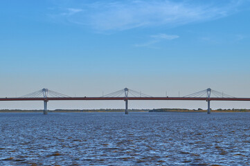 Part of the bridge across the Amur River between Russia and China. Transport infrastructure. Development of tourism and trade in the Far East. Summer landscape.