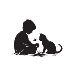 Silhouette Boy Playing With Cat Stock image vector on transparent background