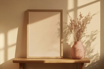 A warm and minimalist interior featuring a wooden-framed blank canvas on a beige wall