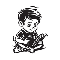 Cute Kid Reading A Book stock image Vector on transparent background