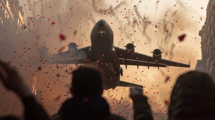 Armistice Day Military Plane Releasing Poppy Petals Over City During Commemorative Event