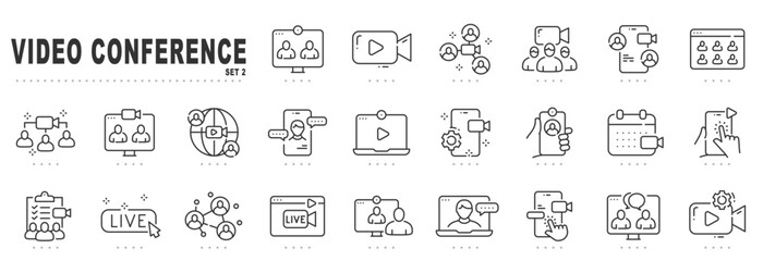 Set of video conference line icons. Meeting, online, live, call etc. Editable stroke