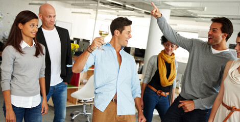 Party, crazy and celebration with business people and wine in office for new year, addiction and...