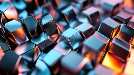 A close-up view of shiny, reflective metallic cubes creating an abstract composition.