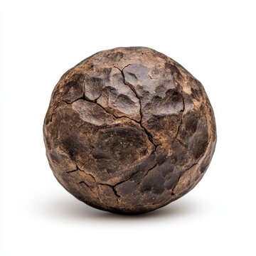 Close-up of a single dried monk fruit ball with rustic brown surface and natural imperfections isolated on white background 