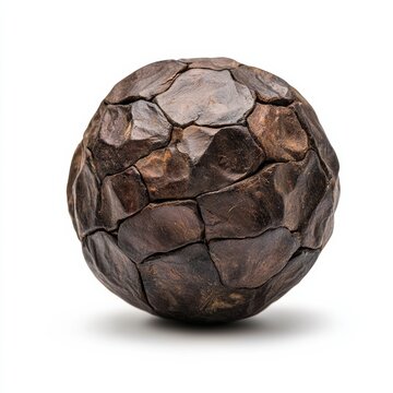 Close-up of a single dried monk fruit ball with rustic brown surface and natural imperfections isolated on white background 