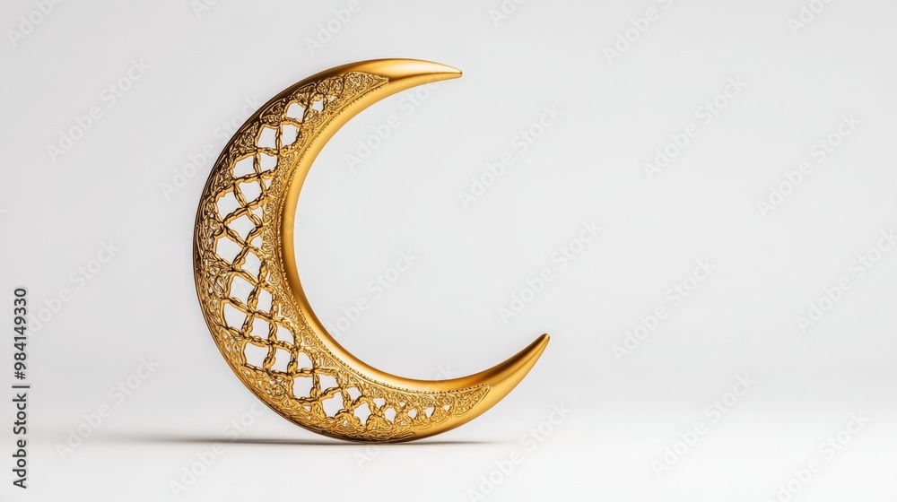 Wall mural crescent moon with intricate arabic patterns glowing in gold isolated on white background symbolizin