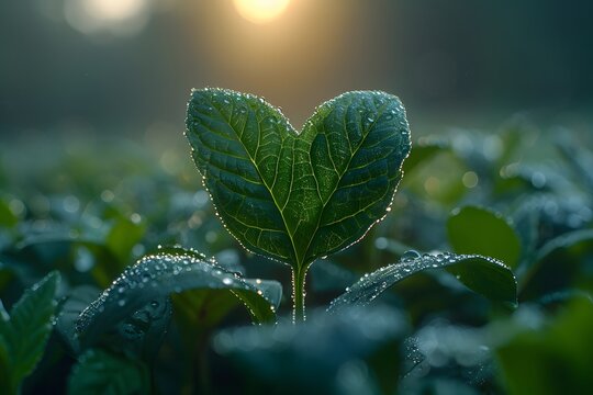 Heart-Shaped Green Leaf with Dew in Sunlit Garden - Nature, Ecology, Beauty Stock Photo for Posters and Prints