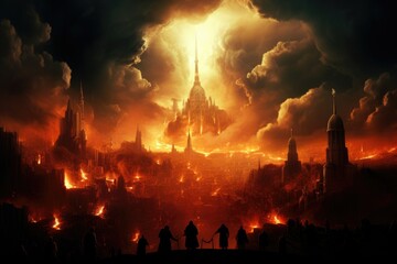  A dark fantasy city of fire and lava, with spires reaching into the sky, burning under black clouds. In front is an army standing in formation, ready for battle. 