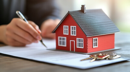 Person signing a real estate contract with a house model and keys on the table, symbolizing property agreement, ownership transfer, and formal transaction in the real estate market.