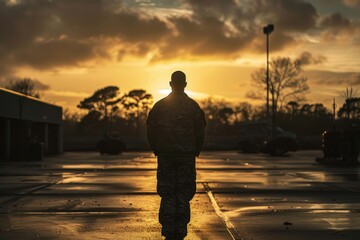 Fototapeta premium Veteran Standing at Military Base at Sunrise, Preparing for Veterans Day Ceremony - Print, Card, Poster Design