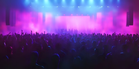 Silhouetted crowd cheering at a concert with purple and blue lights.