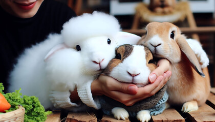 A cute scene featuring two pigs and an Easter bunny surrounded by colorful eggs, with soft teddy bears adding to the playful holiday spirit