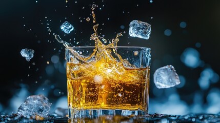A dramatic splash of golden bourbon caught mid-pour, with ice flying in the air