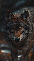 Fototapeta premium Wolf an iconic apex predator, embodies both grace and ferocity. With its sleek fur, keen senses, and haunting howl, the wolf roams the forests and plains in packs, displaying remarkable. 